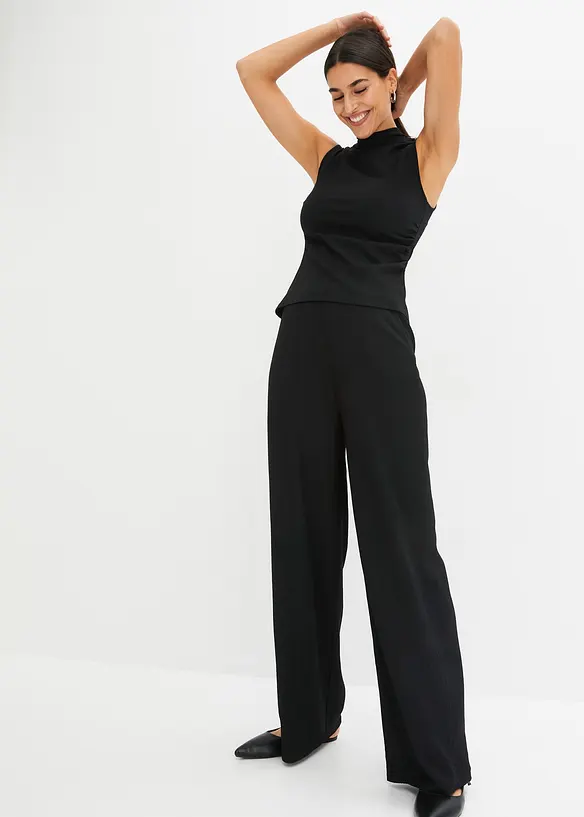 Shirt und Hose (2tlg.Set) aus strukturiertem Crêpe in schwarz von vorne (Totalaufnahme) - bonprix Shirt und Hose (2tlg.Set) aus strukturiertem Crêpe in schwarz von vorne (Totalaufnahme) - bonprix