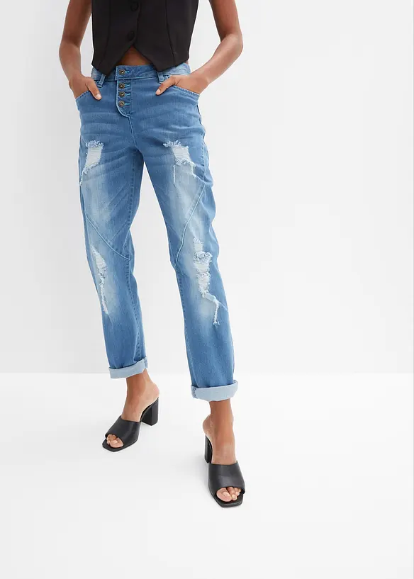 Boyfriend Jeans Mid Waist in blau von vorne - bonprix