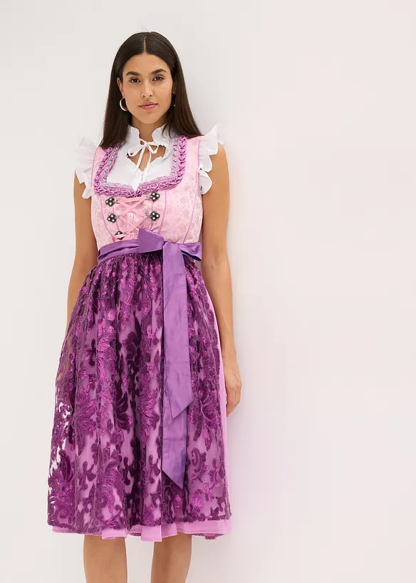Dirndl mit Pailletten Schürze (2-tlg.Set) in lila von vorne (Totalaufnahme) - bonprix