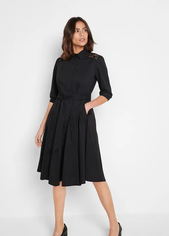 Popeline Hemdblusenkleid aus Baumwoll-Mix in schwarz von vorne (Totalaufnahme) - bonprix