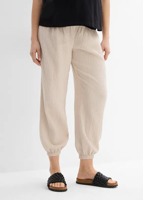 2-in-1 Umstandshose aus reinem Baumwollmusselin für die Schwangerschaft und danach in grau von vorne - bonprix