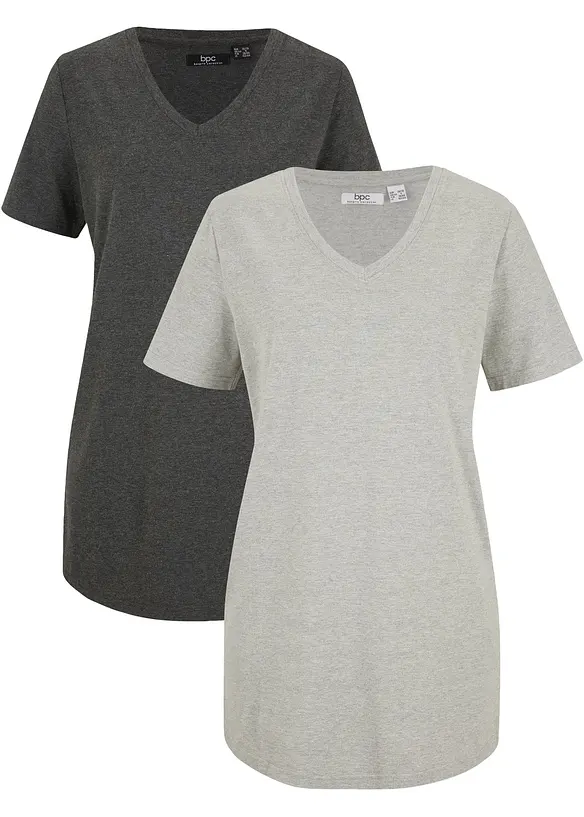 Longshirt mit V-Ausschnitt (2er Pack) in grau von vorne - bonprix