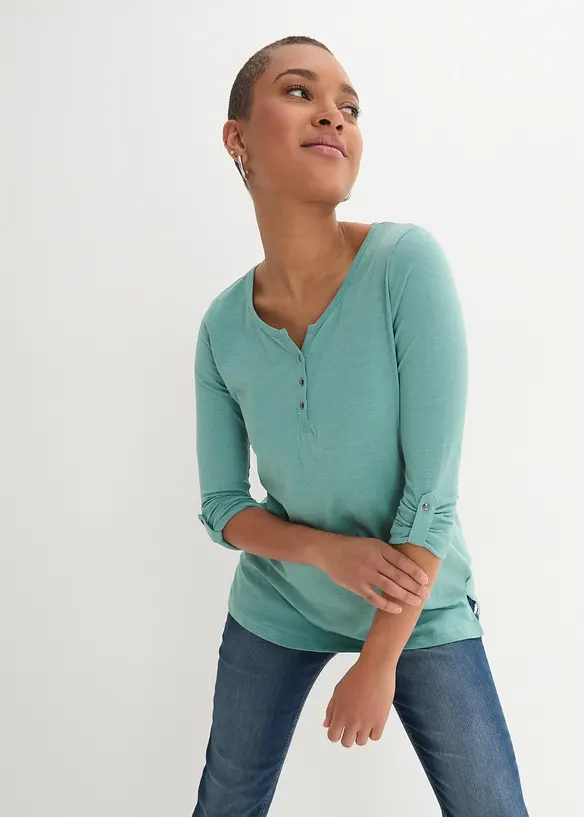 Shirt mit Knopfleiste aus reiner Bio-Baumwolle in grün von vorne (im Anschnitt) - bonprix