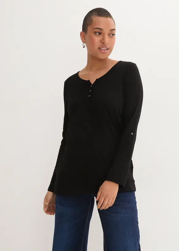 Shirt mit Knopfleiste aus reiner Bio-Baumwolle in schwarz von vorne (im Anschnitt) - bonprix