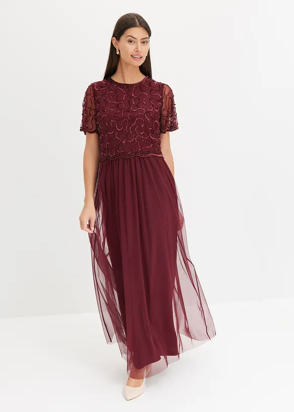 Maxikleid aus feinem Tüll mit Paillettenstickerei in rot von vorne (Totalaufnahme) - bonprix