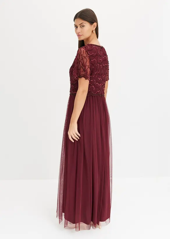 Maxikleid aus feinem Tüll mit Paillettenstickerei in rot von hinten (Totalaufnahme) - bonprix
