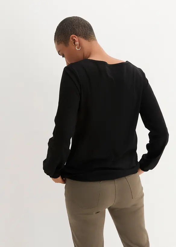 Langarmshirt mit Gummizug aus reiner Baumwolle in schwarz von hinten (im Anschnitt) - bonprix