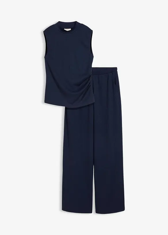 Shirt und Hose (2tlg.Set) aus strukturiertem Crêpe in blau von vorne - bonprix Shirt und Hose (2tlg.Set) aus strukturiertem Crêpe in blau von vorne - bonprix