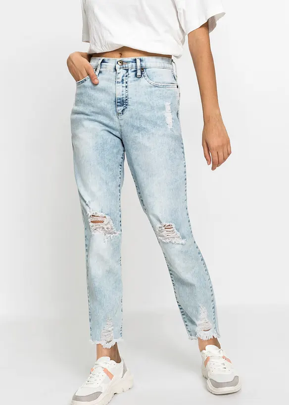 Mom-Jeans High Waist mit Destroy-Effekten in blau von vorne - bonprix