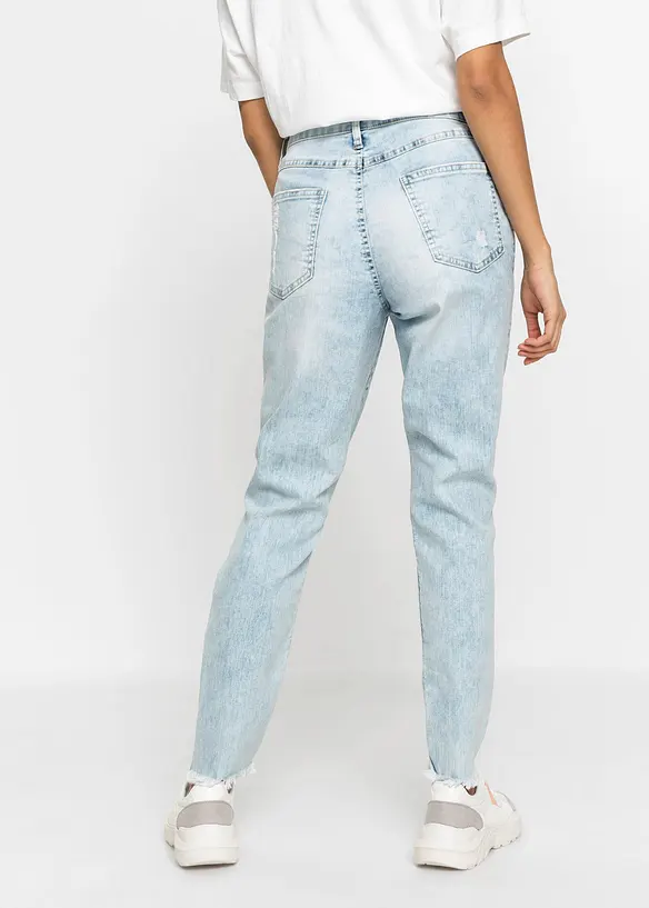 Mom-Jeans High Waist mit Destroy-Effekten in blau von hinten - bonprix