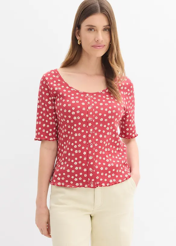 Ripp-Shirt mit Blumendruck aus reiner Baumwolle in rot von vorne (im Anschnitt) - bonprix Ripp-Shirt mit Blumendruck aus reiner Baumwolle in rot von vorne (im Anschnitt) - bonprix