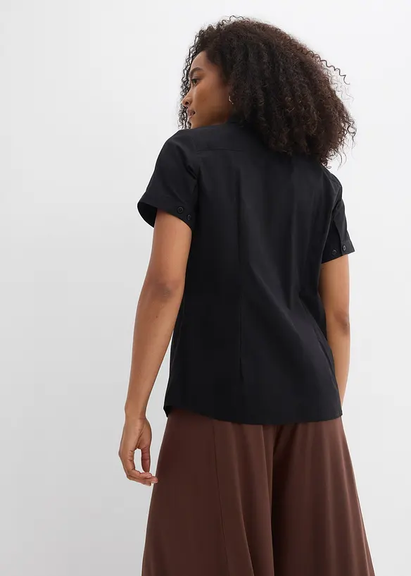Kurzarmbluse aus elastischem Baumwoll-Mix in schwarz von hinten (im Anschnitt) - bonprix