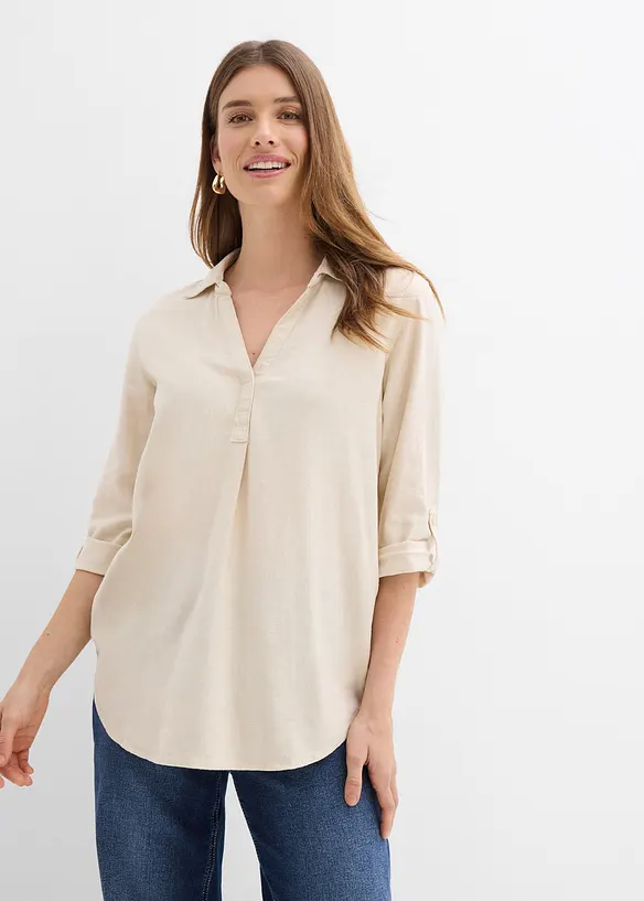 Leinen-Bluse, 3/4-Arm in beige von vorne (im Anschnitt) - bonprix