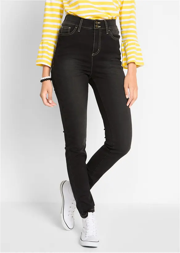 Slim-Fit-Jeans High Waist, Super Stretch in schwarz von vorne - bonprix
