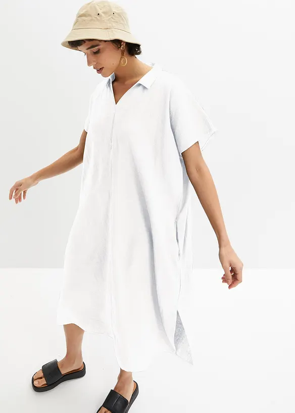 Kaftan-Kleid aus leichtem Leinen-Mix in weiß von vorne (Totalaufnahme) - bonprix