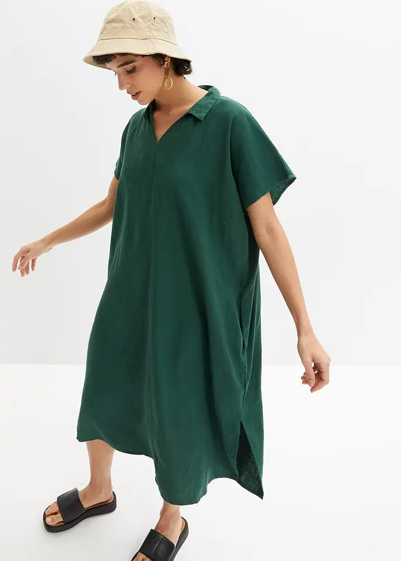 Kaftan-Kleid aus leichtem Leinen-Mix in grün von vorne (Totalaufnahme) - bonprix