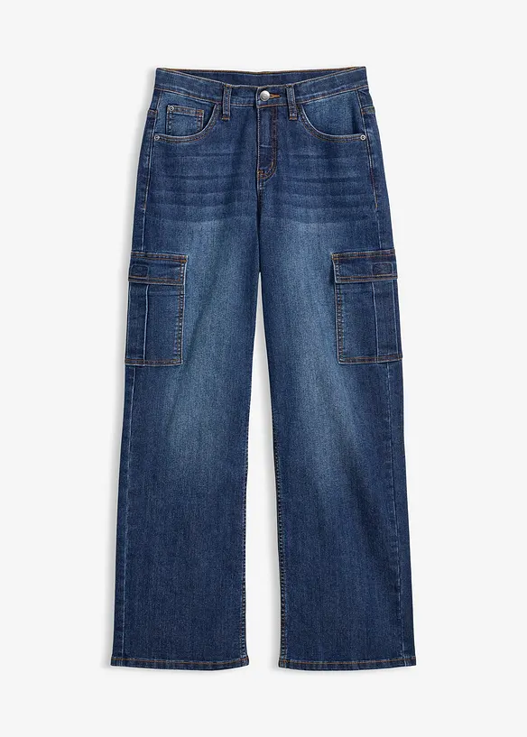 Loose-Fit-Stretch-Jeans mitverstellbarem Bund, Straight in blau von vorne - bonprix