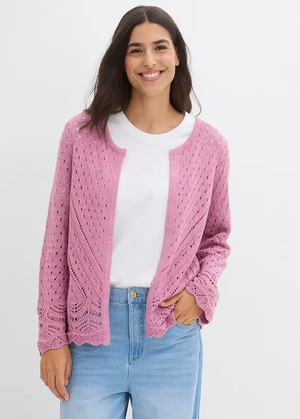 Ajour-Strickjacke aus reiner Baumwolle in rosa von vorne (im Anschnitt) - bonprix