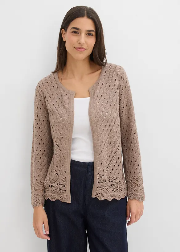 Ajour-Strickjacke aus reiner Baumwolle in braun von vorne (im Anschnitt) - bonprix