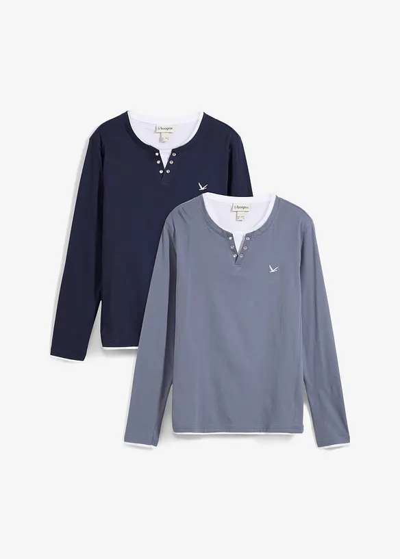2 in 1 Langarmshirt (2er Pack) in blau von vorne - bonprix