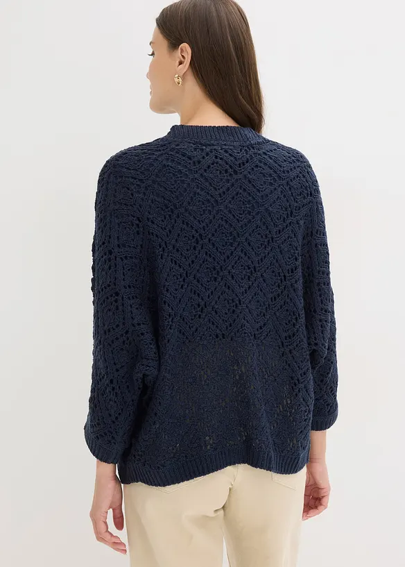 Ajour-Strickjacke in blau von hinten (im Anschnitt) - bonprix