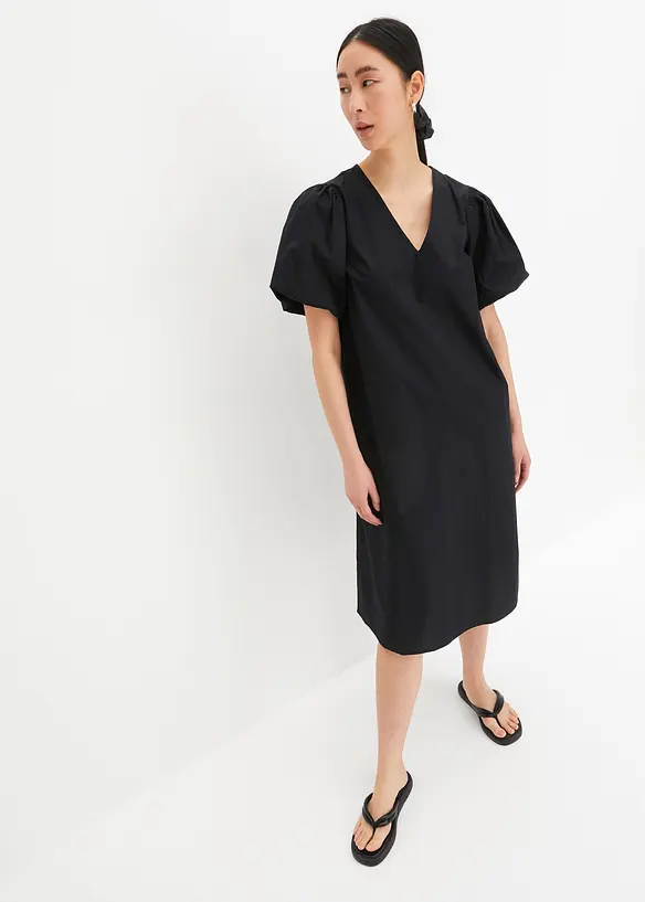 Midi-Web-Kleid aus Bio-Baumwolle in schwarz von vorne (Totalaufnahme) - bonprix
