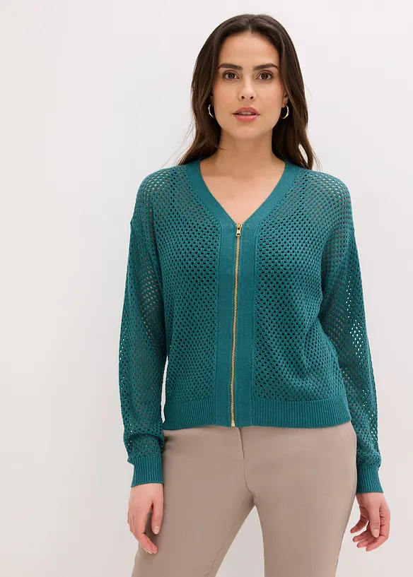 Ajour-Strickjacke mit Glitzereffekt in petrol von vorne (im Anschnitt) - bonprix