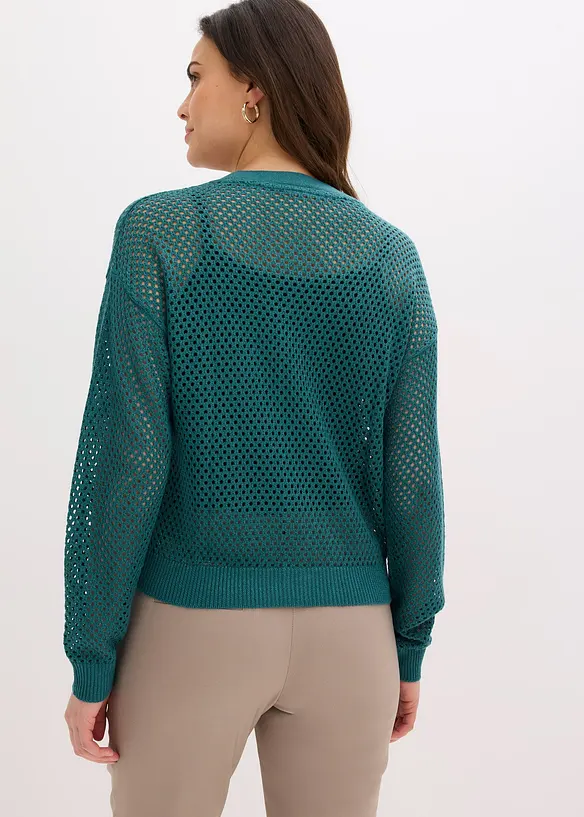 Ajour-Strickjacke mit Glitzereffekt in petrol von hinten (im Anschnitt) - bonprix