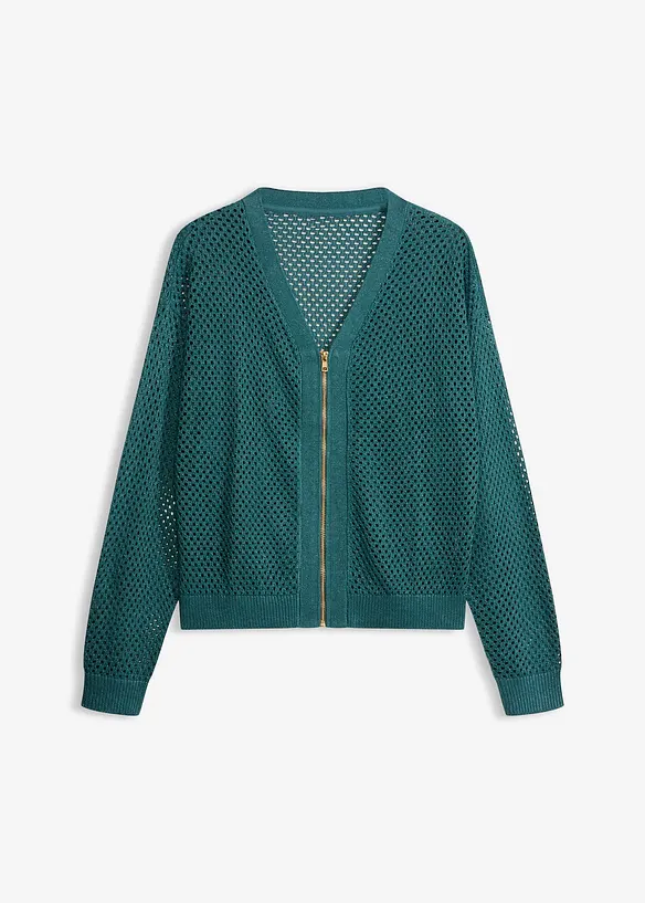 Ajour-Strickjacke mit Glitzereffekt in petrol von vorne - bonprix