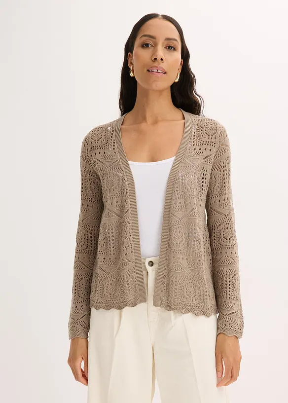 Ajour-Strickjacke in braun von vorne (im Anschnitt) - bonprix