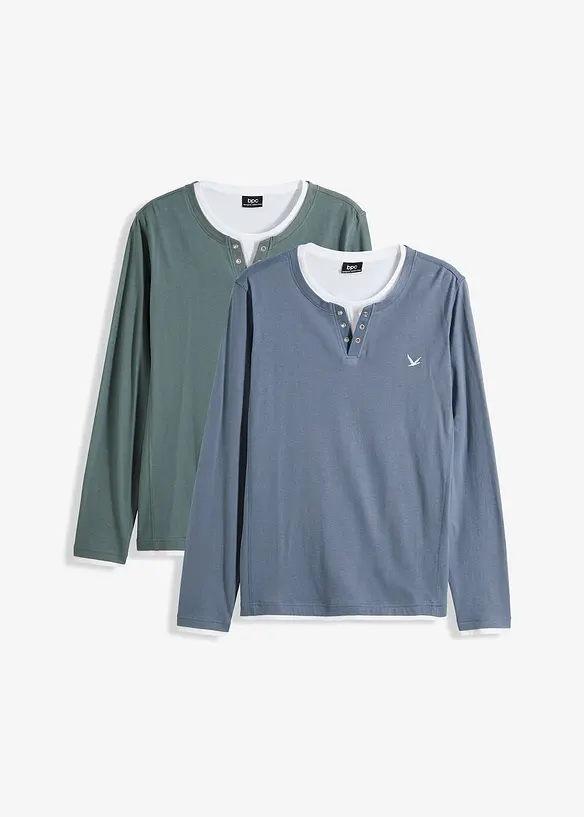 2 in 1 Langarmshirt (2er Pack) in blau von vorne - bonprix