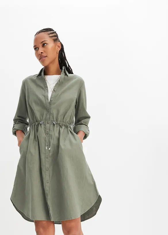 Hemdblusenkleid aus Leinen-Baumwoll-Mix in grün von vorne (Totalaufnahme) - bonprix