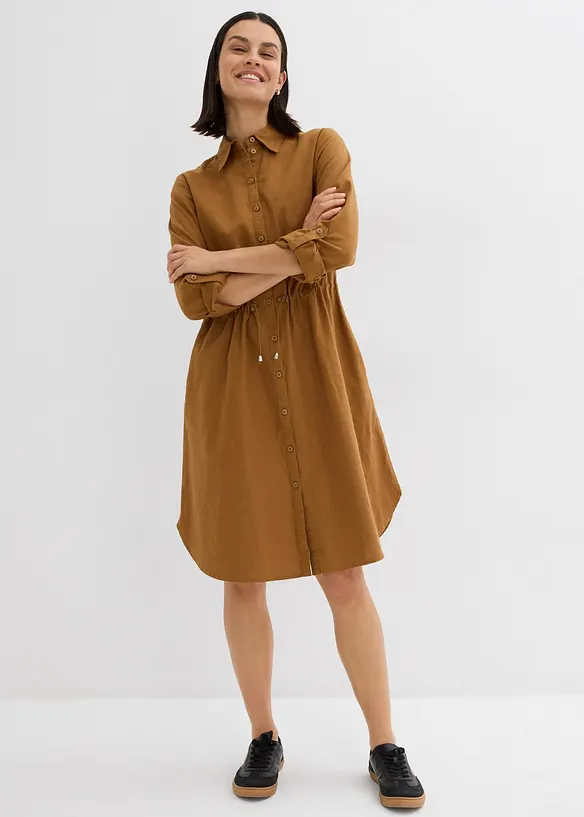 Hemdblusenkleid aus Leinen-Baumwoll-Mix in braun von vorne (Totalaufnahme) - bonprix