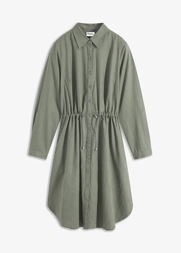 Hemdblusenkleid aus Leinen-Baumwoll-Mix in grün von vorne - bonprix