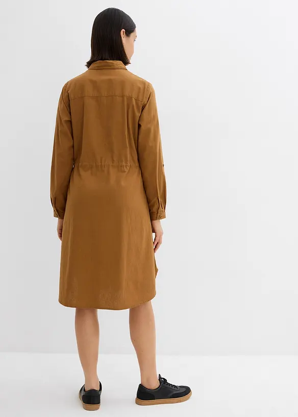 Hemdblusenkleid aus Leinen-Baumwoll-Mix in braun von hinten (Totalaufnahme) - bonprix