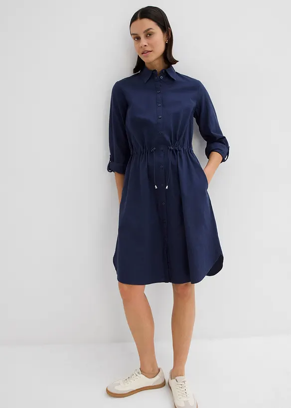 Hemdblusenkleid aus Leinen-Baumwoll-Mix in blau von vorne (Totalaufnahme) - bonprix