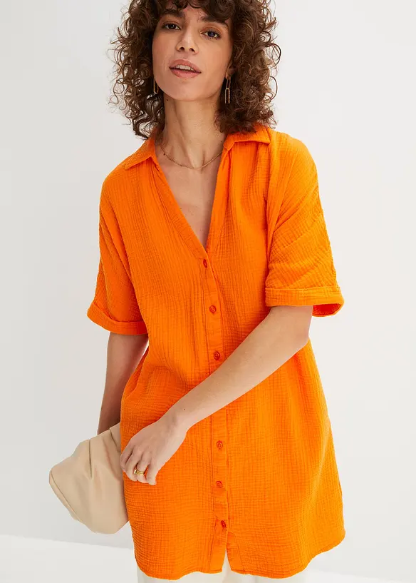 Musselin-Oversize-Longbluse aus reiner Baumwolle in orange von vorne (im Anschnitt) - bonprix