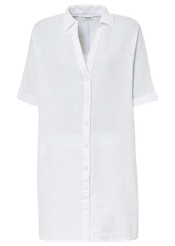 Musselin-Oversize-Longbluse aus reiner Baumwolle in weiß von vorne - bonprix