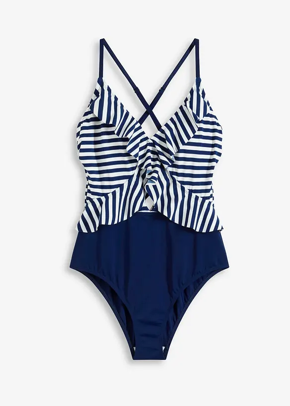 Badeanzug mit Cut Out und Volants in blau von vorne - bonprix
