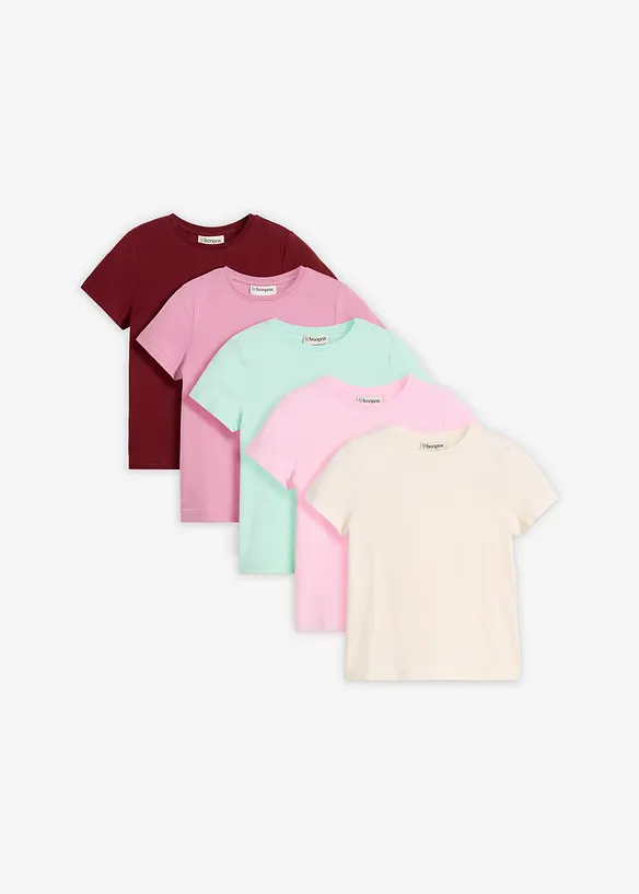 T-Shirt aus elastischem Bio-Baumwoll-Mix (5er Pack) in rosa von vorne - bonprix
