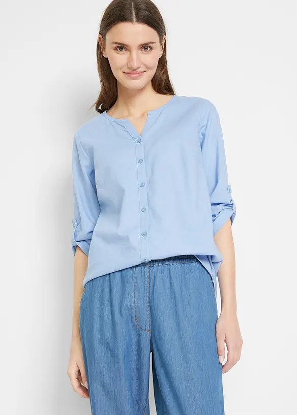 3/4-Arm Bluse aus Leinen-Baumwoll-Mix in blau von vorne (im Anschnitt) - bonprix