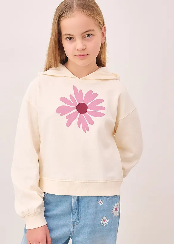 Kurzer Hoodie aus reiner Bio-Baumwolle in weiß von vorne (im Anschnitt) - bonprix