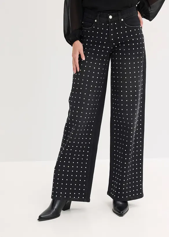 Wide-Leg-Jeans Mid Waist mit Strassapplikation in schwarz von vorne - bonprix
