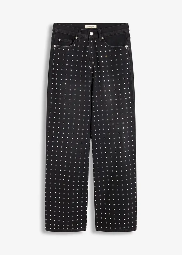 Wide-Leg-Jeans Mid Waist mit Strassapplikation in schwarz von vorne - bonprix