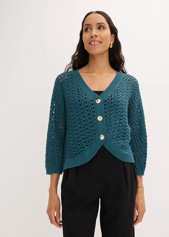Ajour-Strickjacke aus reiner Baumwolle in petrol von vorne (im Anschnitt) - bonprix