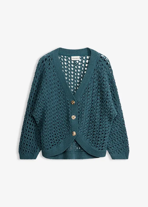 Ajour-Strickjacke aus reiner Baumwolle in petrol von vorne - bonprix