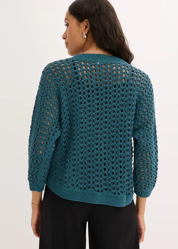 Ajour-Strickjacke aus reiner Baumwolle in petrol von hinten (im Anschnitt) - bonprix