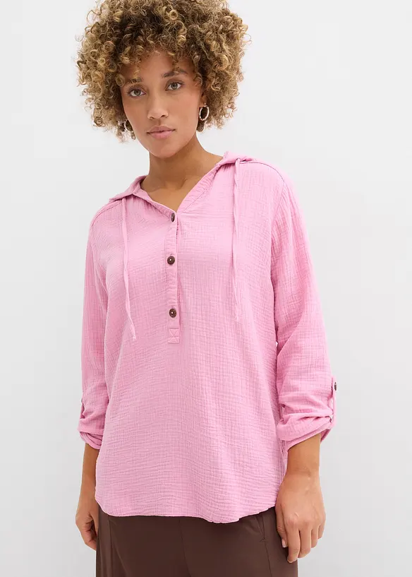 Musselin-Schlupfbluse aus reiner Baumwolle in rosa von vorne (im Anschnitt) - bonprix