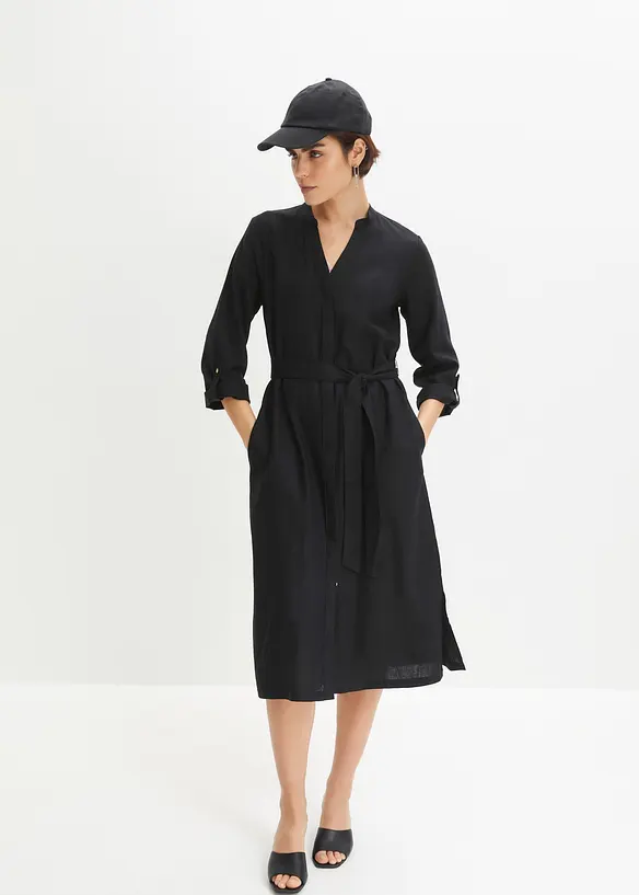Kleid mit Taschen aus Leinen-Viskose-Mix in schwarz von vorne (Totalaufnahme) - bonprix Kleid mit Taschen aus Leinen-Viskose-Mix in schwarz von vorne (Totalaufnahme) - bonprix