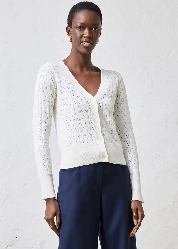 Ajour-Strickjacke mit Seidenanteil in weiß von vorne (im Anschnitt) - bonprix